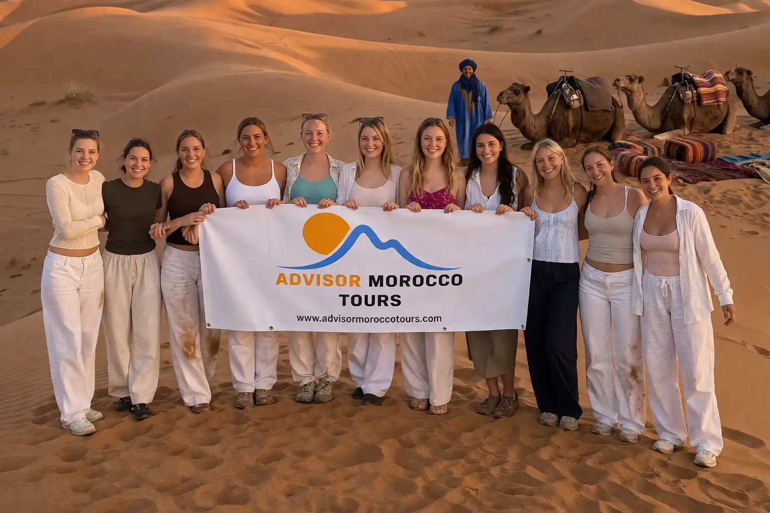 Female student group with Advisor Morocco Tours banner in Sahara, is Morocco safe for student travel