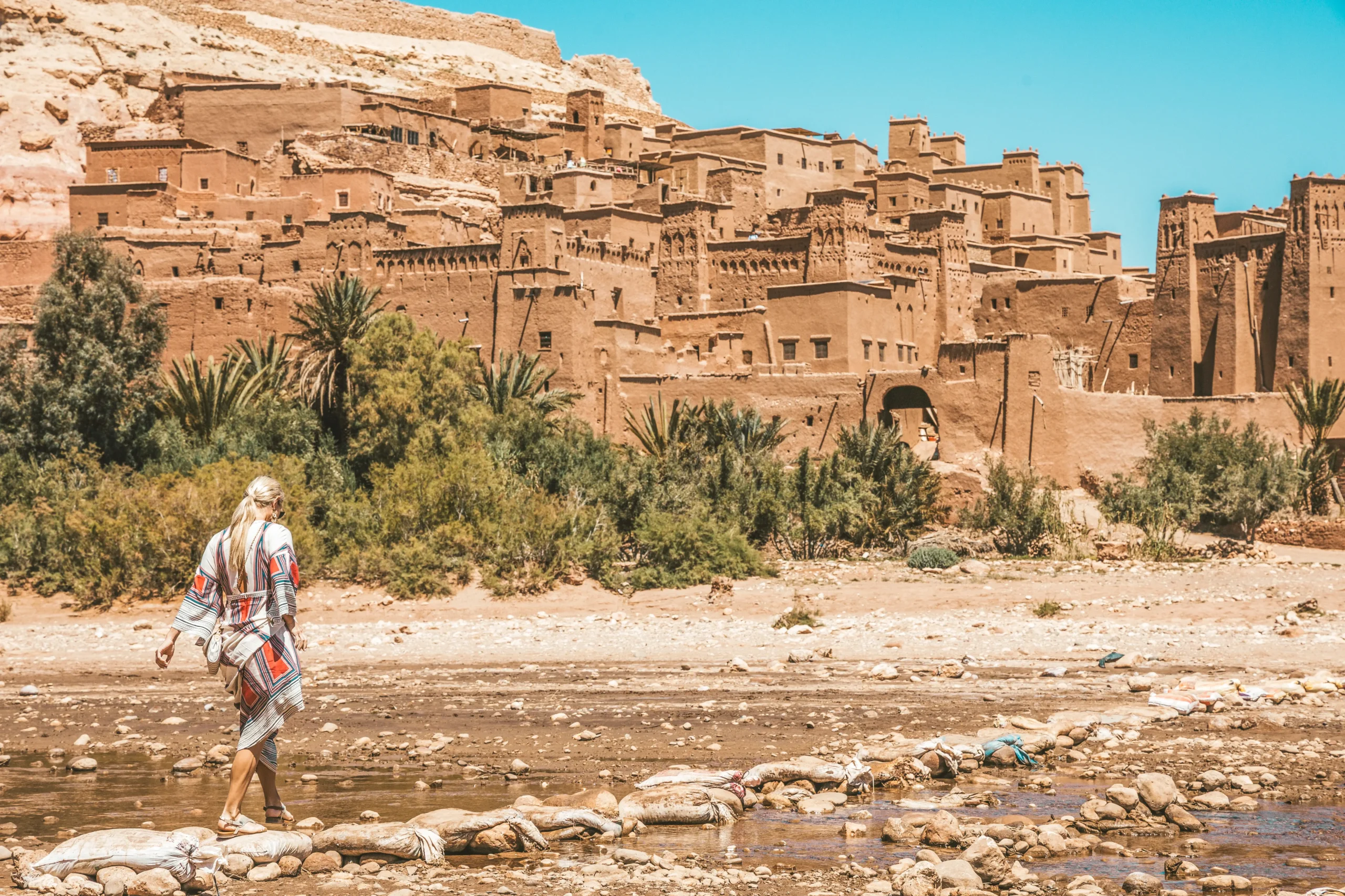 Ait Ben Haddou Kasbah fortified village viewed from across the Ounila River