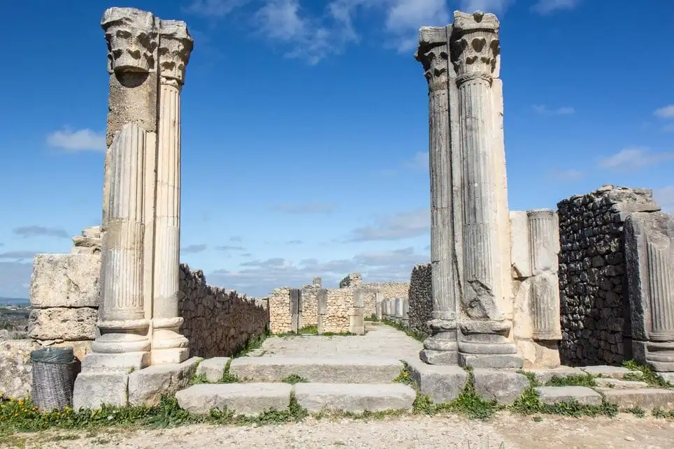 Tall Corinthian columns standing at the Volubilis Roman Ruins in Morocco, with the ancient stone pathway leading through the site