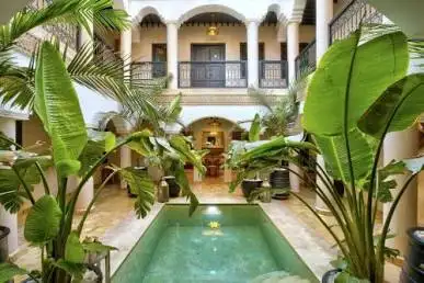 Honeymoon in Morocco: Inner courtyard of a luxury traditional Moroccan riad featuring a private swimming pool, white arches, and vibrant green banana plants.